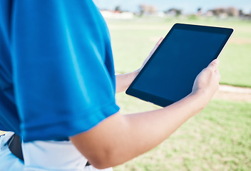 Image showing Closeup, baseball or outdoor with a tablet, screen or social media with connection, athlete or fitness. Person, hands or player with technology, online game plan or internet for sports website update