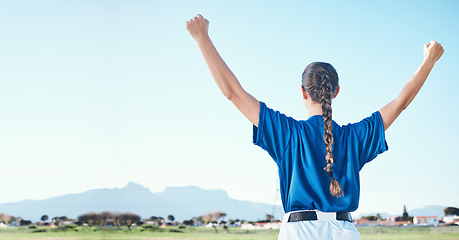 Image showing Back, outdoor and woman with fitness, celebration and victory with success, mockup and champion. Person, athlete and winner with open arms, growth and progress with sports, achievement and winning