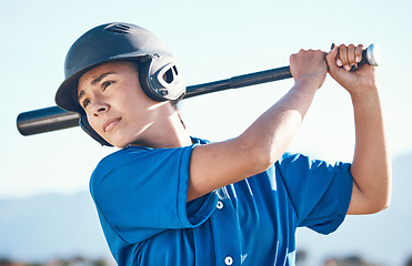 Image showing Baseball, bat and swing of a person outdoor on a pitch for sports, performance and competition. Professional athlete or softball woman for swing, commitment and fitness for game, training or exercise