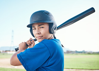 Image showing Baseball, portrait and a person with bat outdoor on pitch for sports performance or competition. Professional athlete or softball woman for swing, commitment or fitness for game, training or exercise