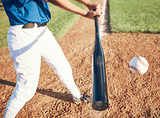 Image showing Baseball, bat and person hit a ball outdoor on a pitch for sports, performance and competition. Professional athlete or softball player for a game, training or exercise challenge at field or stadium