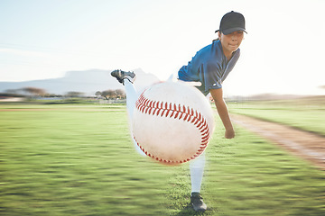 Image showing Person, baseball and pitching a ball outdoor on a sports pitch for performance and competition. Professional athlete or softball player throw for a game, training or exercise challenge on a field