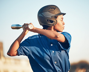 Image showing Game, baseball player or black woman with a bat, exercise or training with power strike, hit or swing. Person, sports or athlete in club competition, practice match or softball with fitness or health