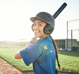 Image showing Baseball portrait, bat and a woman outdoor on a pitch for sports, performance and competition. Professional athlete or softball player happy about a game, training or exercise challenge at stadium