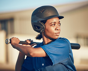 Image showing Sports, baseball player or black woman with a bat, fitness or game with power strike, hit or swing. Person, health or athlete in club competition, practice match or softball with training or exercise