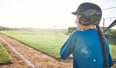 Image showing Baseball, bat and a woman outdoor on a pitch for sports, performance and competition. Professional athlete or softball player happy for a game, training or exercise banner or space at a stadium