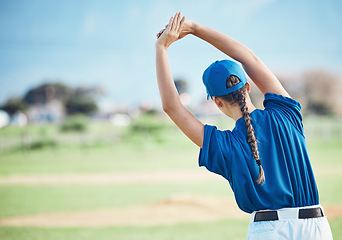 Image showing Back, stretching and a woman on a field for baseball, training for sports or fitness with mockup. Space, nature and an athlete or person with a warm up for exercise and ready to start a game