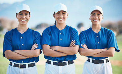 Image showing Softball, portrait and women team smile or ready for outdoor sports match, game and competition group together. Proud, teamwork and players in solidarity for fitness training and workout on a field