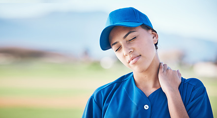 Image showing Neck pain, baseball and face of sports woman with fitness injury from competition challenge, field workout or exercise. Emergency problem, training accident and female player with muscle anatomy