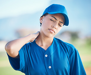 Image showing Neck pain, baseball player and face of sports woman with injury from competition, match game or field workout. Training mistake, athlete burnout or person with hurt problem, medical emergency or risk