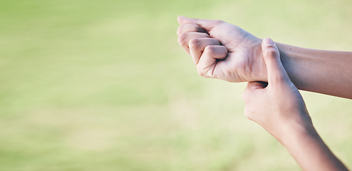 Image showing Wrist pain, sports person and hands injury from grass pitch challenge, lawn field workout or exercise problem or mistake. Medical emergency mockup, joint sprain or closeup athlete with muscle anatomy