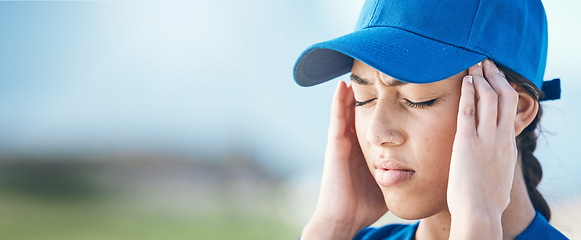 Image showing Baseball burnout, banner and a woman with a headache from sports fail, mistake or training. Anxiety, mockup space and an athlete with pain or a migraine from a softball contest, competition or loss