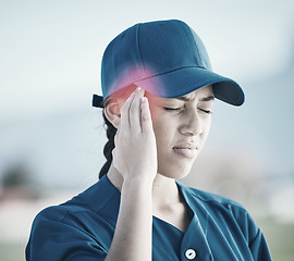 Image showing Woman, baseball and headache in stress, injury or burnout from outdoor sports accident. Frustrated female person, player or athlete with migraine, tension or strain and inflammation on pitch or field