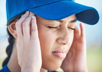 Image showing Woman, baseball and headache in stress, mistake or burnout from sports injury or outdoor accident. Upset female person, player or athlete with migraine, tension or strain under pressure on the field