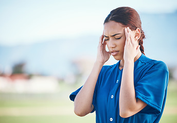 Image showing Baseball burnout, stress and a woman with a headache from sports fail, mistake or training. Anxiety, fitness and an athlete with pain or a migraine from a softball contest, competition or loss