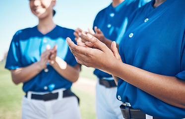 Image showing Baseball team hands, sports and celebration applause for congratulations, match winner or competition support. Player achievement, wow success and group of people clapping, praise and teamwork goals