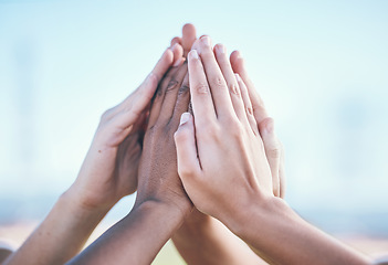 Image showing Teamwork, hands and high five by people for sports, support and training goals outdoor. Fitness, match and friends fingers together for solidarity, motivation and partnership or target commitment