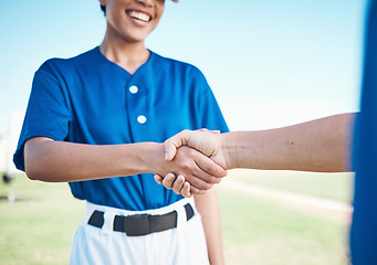 Image showing Baseball player, sports and fitness team hand shake for partnership, teamwork or welcome greeting at match competition. Closeup, athlete and people shaking hands for agreement, thank you or respect