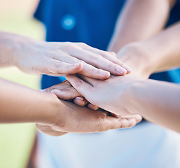 Image showing Sports, hands stack and together for baseball team building, match motivation or competition support. Closeup player, softball commitment and group of people collaboration, teamwork and solidarity