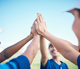 Image showing Sports hands, high five celebration and baseball team building for motivation, match winner or competition support. Player achievement, success and group of people congratulations, goals and teamwork