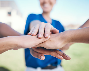 Image showing Baseball player, hands stack and together for team celebration, group teamwork or athlete goals support. Closeup champion, softball event winner and people celebrate match competition success