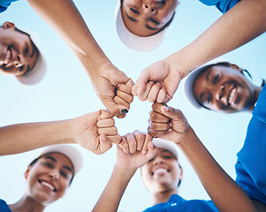 Image showing Sports, fist and portrait of baseball women below for support, teamwork and goal collaboration. Fitness, face and friends hands together for softball training, commitment or team power motivation