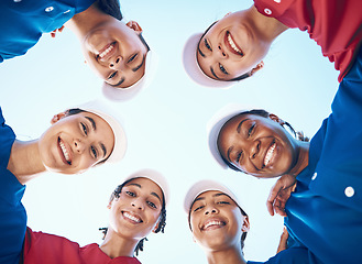 Image showing Women, team and softball, sports and huddle with fitness, professional and athlete group together in portrait. Mission, smile and support, trust and low angle, people plan baseball game and diversity