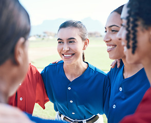 Image showing Sports team, baseball or friends in huddle for fitness, competition or game. Teamwork, happy and group of women on a softball field for planning, training and communication or funny conversation