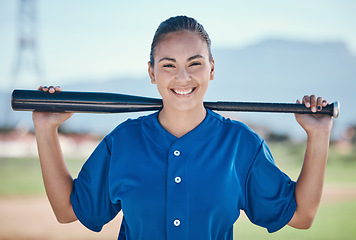 Image showing Sports, portrait and woman with a baseball, bat and smile at a field for training, workout or match practice. Happy, face and female softball batter at a park for competition, performance and workout