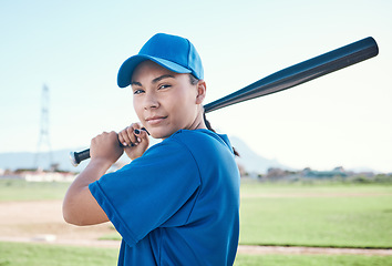 Image showing Baseball, bat and portrait of a sports person outdoor on a pitch for performance and competition. Professional athlete or softball player with gear, swing and ready for a game, training or exercise