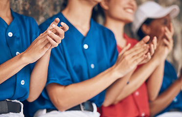 Image showing Sports hands, applause and baseball team watch game, celebrate homerun and support softball player from dugout. Success achievement, winner and closeup people clapping, congratulations and teamwork