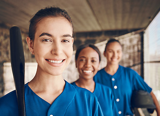 Image showing Women, team and softball, sports and portrait with fitness, professional and athlete group together. Mission, happy and support, trust and exercise, people ready to play baseball and club in dugout