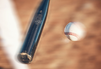 Image showing Softball, hit and closeup of field for training, sports and fitness, competition or outdoor exercise. Blur, ball and bat on a baseball background with power strike in action, speed or performance