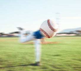 Image showing Baseball, ball and closeup of person pitching outdoor on a sports pitch for performance and competition. Professional athlete or softball player throw for a game, training or challenge on a field