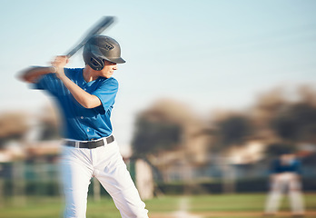 Image showing Baseball, bat and a person swing outdoor on a pitch for sports, performance and competition. Professional athlete or softball player with motion blur game, training or exercise on a field with space