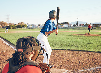 Image showing Baseball player, bat and outdoor on a pitch for sports, performance and competition. Professional athlete or softball people ready for a game, training or exercise challenge at field or stadium