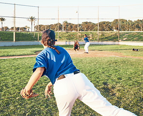 Image showing Pitching, baseball and a sports person outdoor on a pitch for performance or competition. Behind professional athlete or softball player for throw, fitness and team for a game, training or exercise