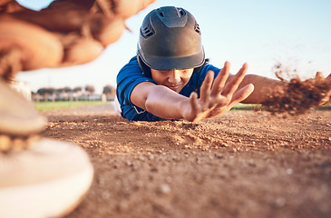 Image showing Slide, baseball action and player in a match or game for sports competition on a pitch in a stadium. Man, ground and tournament performance by athlete or base runner in training, exercise or workout