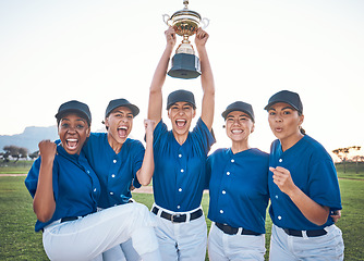 Image showing Baseball, team trophy and winning portrait with women outdoor on a pitch for sports competition. Professional athlete or softball player group celebrate champion prize, win and achievement at a game