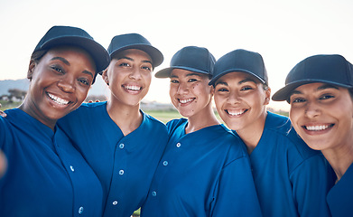 Image showing Women, team portrait and softball, selfie and sports game with fitness, professional and athlete group together. Memory, happy and support, trust and smile in picture, baseball player and outdoor