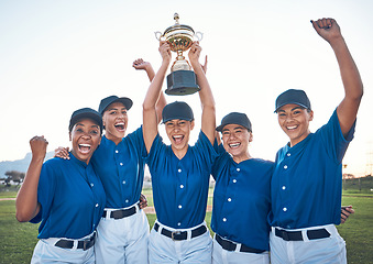 Image showing Baseball, trophy and winning team portrait with women outdoor on a pitch for sports competition. Professional athlete or softball player group celebrate champion prize, win or achievement at a game