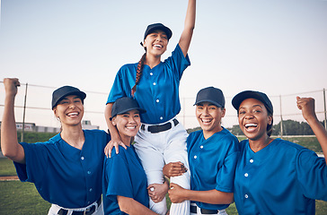 Image showing Baseball player, team and celebrate win portrait of women outdoor on a pitch for sports competition. Professional athlete or softball group with success, winning fist or achievement at a game