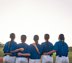 Image showing Women, team and softball, sports and support, fitness and back view with mockup space and athlete group together. Sunset, sky and solidarity, trust and exercise with baseball player people outdoor