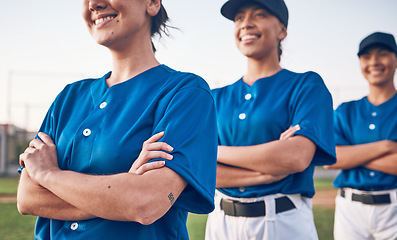 Image showing Softball, competition and women team proud or ready for outdoor sports match or game for academy together. Respect, teamwork and players in solidarity for Mexico training and workout on field