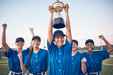Image showing Trophy, baseball and winning team portrait with women outdoor on a pitch for sports competition. Professional athlete or softball player group celebrate champion prize, win or achievement at a game