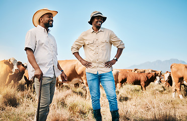 Image showing Farming people, talking or men with sales negotiation, cow farm and countryside with dairy agriculture environment. Happy, cattle farmers or guys with sustainability beef production, smile or ecology