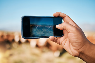 Image showing Person, hands and phone in photography, farming or animals for sustainability or natural agriculture. Closeup of farmer taking photo or picture of live stock or herd with mobile smartphone screen