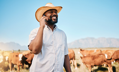 Image showing Happy black man, phone call and animals in countryside for farming, communication or networking. African male person smile and talking on mobile smartphone for conversation or discussion at the farm