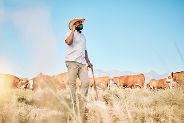 Image showing Cows, happy or farmer on a phone call talking or speaking of dairy livestock, agriculture or cattle farming. Smile, nature and black man in a conversation on harvesting on a countryside barn field