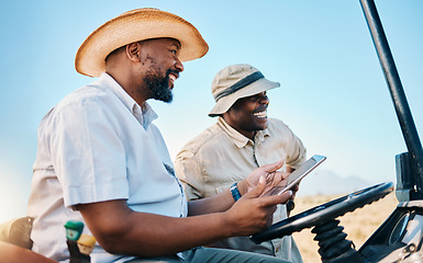 Image showing Game drive, safari and men laugh with tablet for direction in Kenya desert with car for travel transport. Holiday, tour guide and driving with tech for adventure, holiday and journey with employees